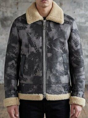 Vintage Shearling Sheepskin WWII Fighter Bomber Printed Aviator Leather Jacket L